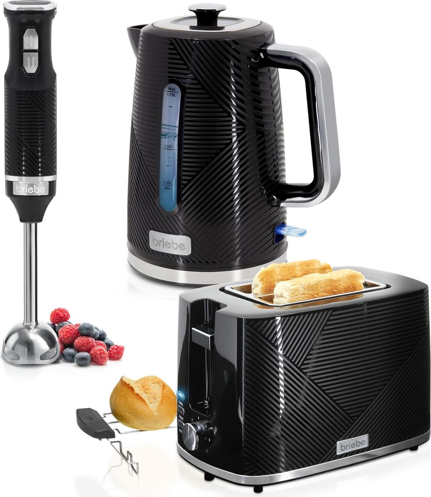 Briebe SKT1186BLK Elegance Set Toaster 2 Breite Scheiben + Wasserkocher 1,7L+ Stabmixer Edelstahl Schwarz
