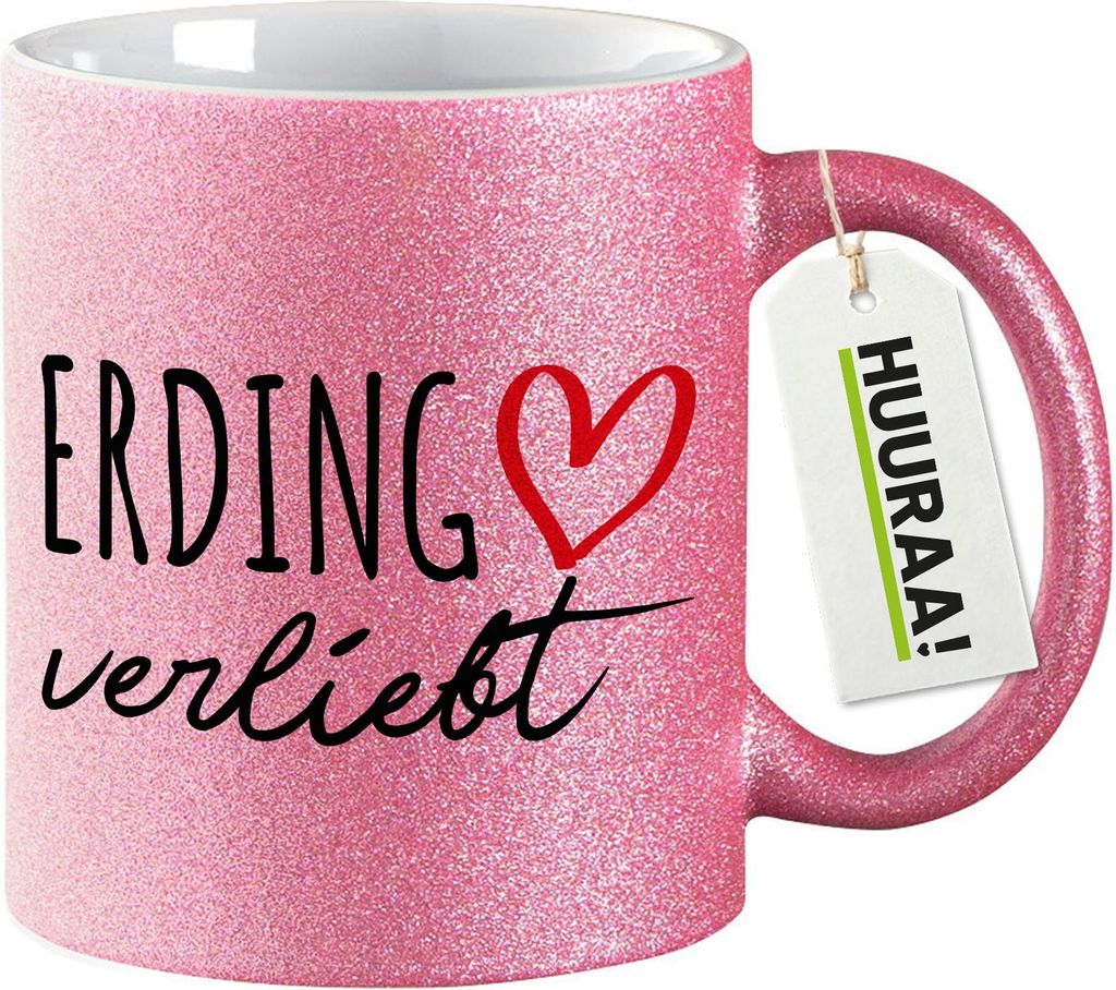 Huuraa Glitzertasse Erding verliebt 330ml Pink Keramik Kaffeebecher Geschenkidee