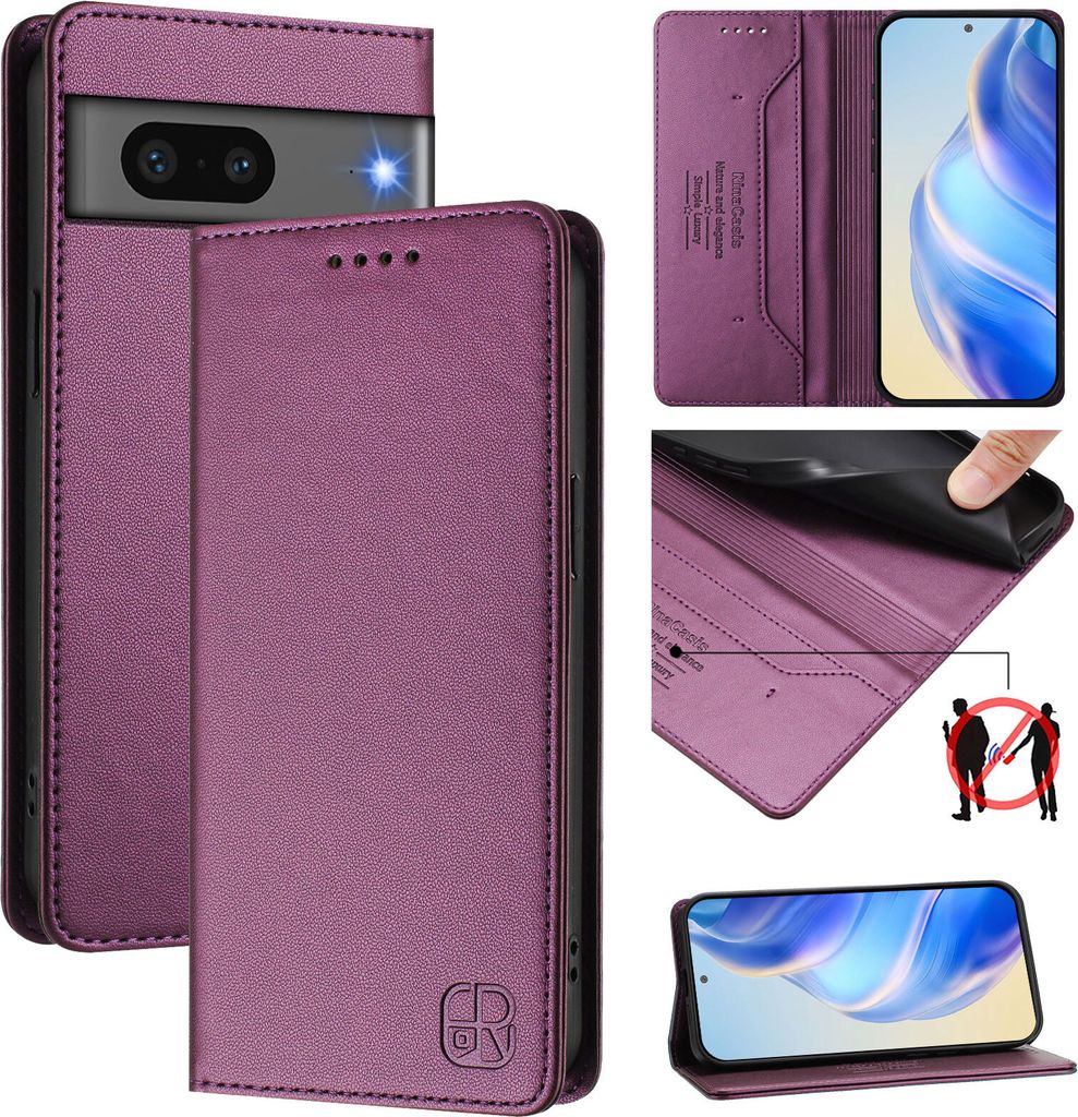 Lederhülle für Google Pixel 7 Hülle Flip Brieftasche Kartenfächern Ständer Schutzhülle Lila