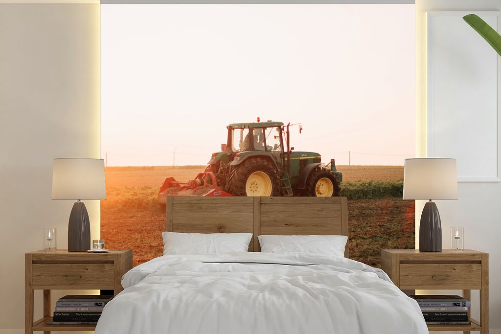 MuchoWow Fototapete für Wohnzimmer oder Schlafzimmer Wandtapete Vinyl Motivtapete Traktor - Feld - Bauernhof - Landwirt - Horizont - 280x280 cm ...