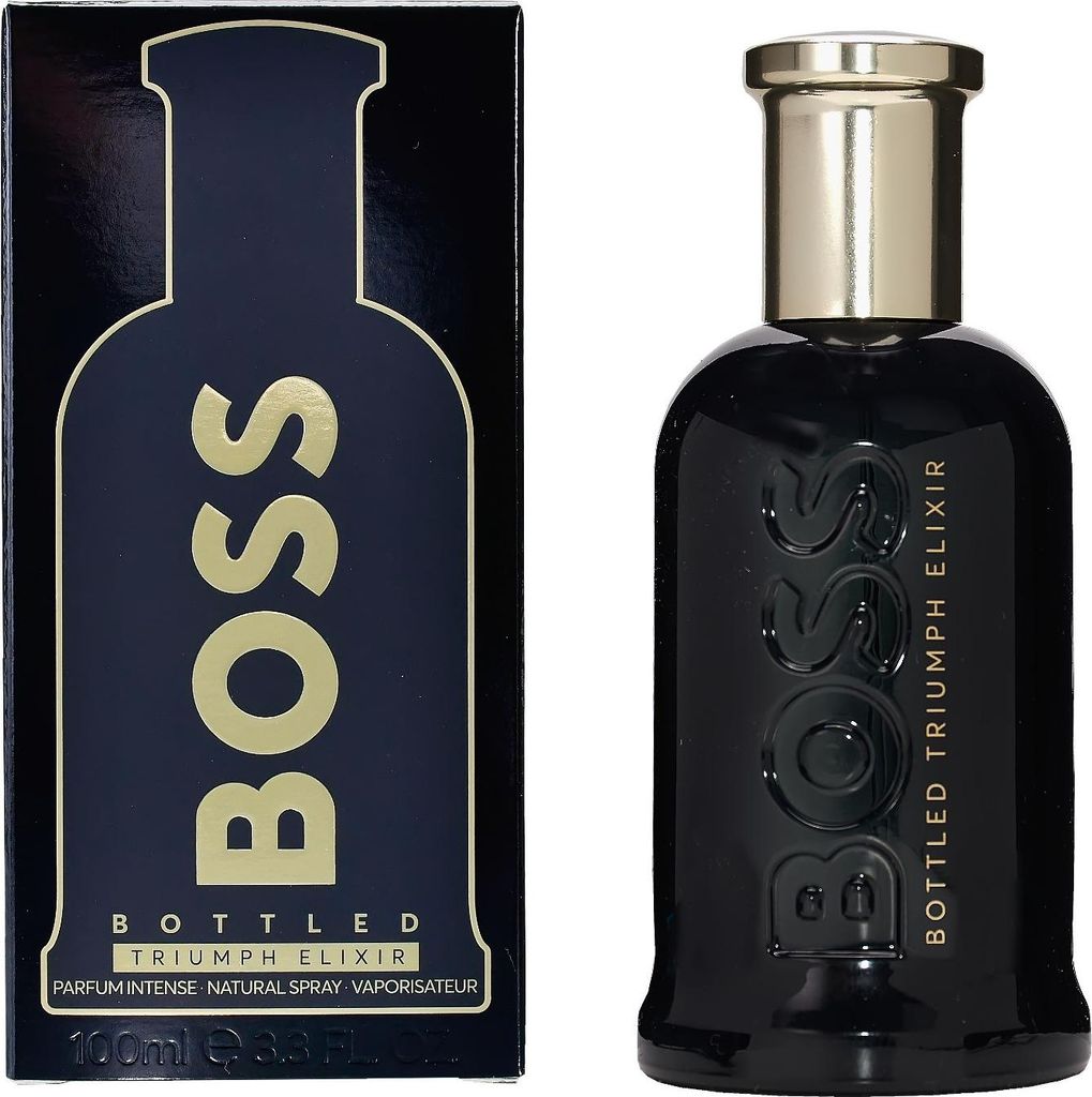 A bottle of Hugo Boss Bottled Triumph Elixir EDP and its packaging are displayed side-by-side on a white background.