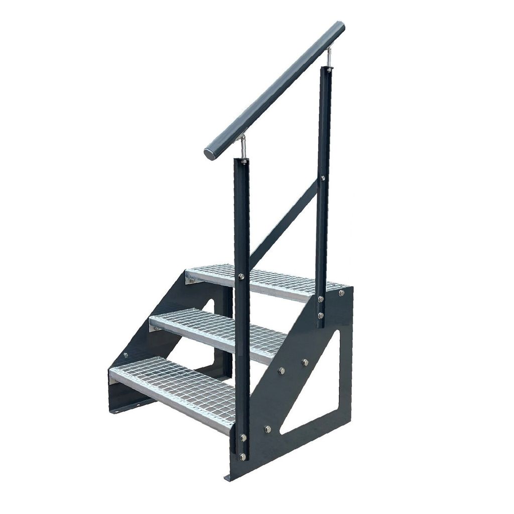 Gitterrost Stahl Freistehende Treppe 3 Stufen Verzinkt & Anthrazit Pulverlackierte Seiten + Geländer Rechts - (L x B x H) 63cm x 80cm x 57cm