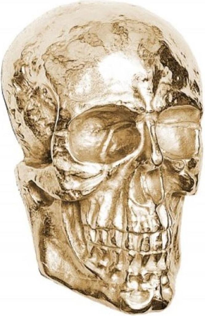 Casa Padrino Designer Metall Wanddeko Skulptur Totenkopf Gold 30 x 20 x H. 40 cm - Metall Wanddeko Figur Skull