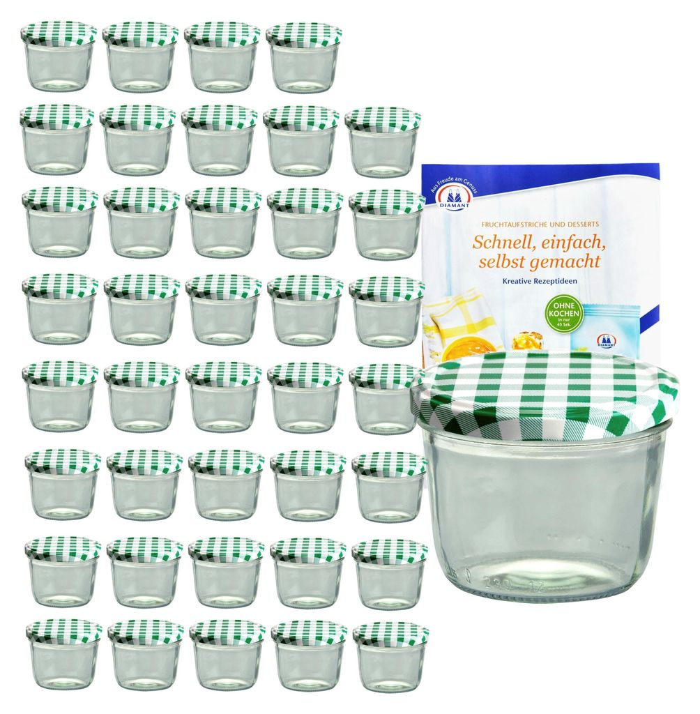 A set of small glass jars with green and white checkered lids, along with a recipe booklet.