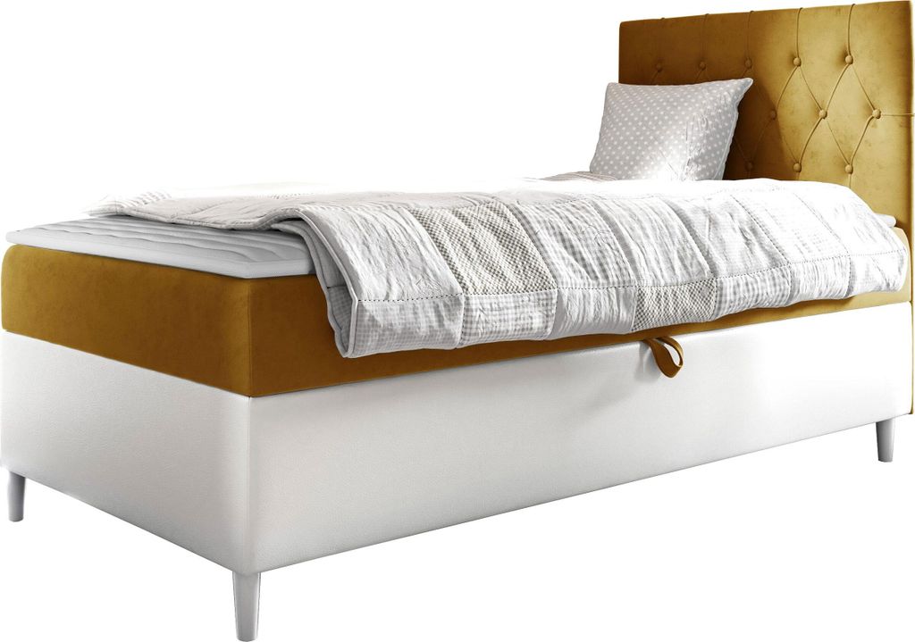 MIRJAN24 Boxspringbett Filip Junior 1 90x200, Einzelbett mit Bonellfederkern, Härtegrad - H3 (Farbe: Soft 017 + Fresh 37, Seite zum Öffnen des Be...