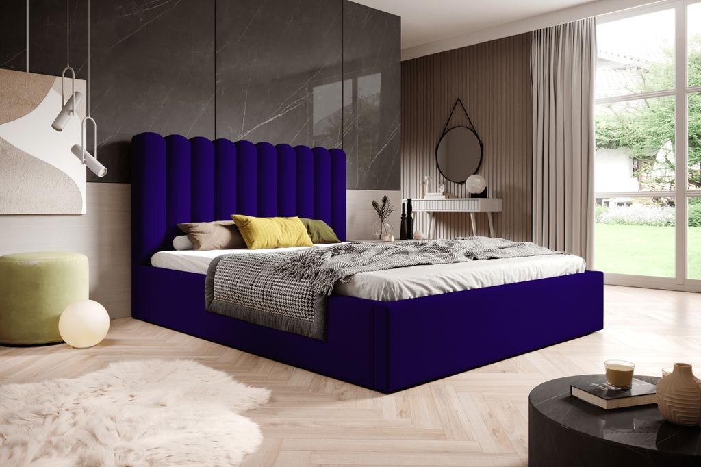 BESILIO Bett mit hohem Kopfteil für Schlafzimmer 180x200 Lumi - Lattenrost mit Bettkasten - Blau & Magic Velvet 2216