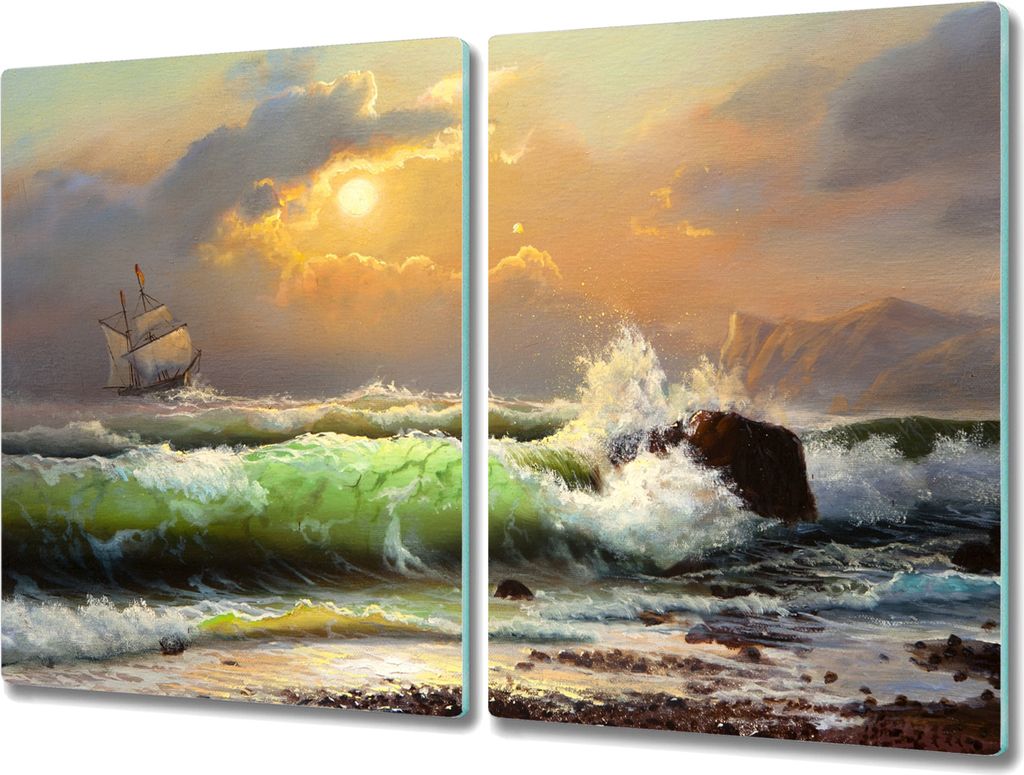Coloray Hackbrett Küchenbrett Kochplattenabdeckung Schneidebrett Herdabdeckplatte 2x40x52 cm - Waves Schiff Sonnenuntergang