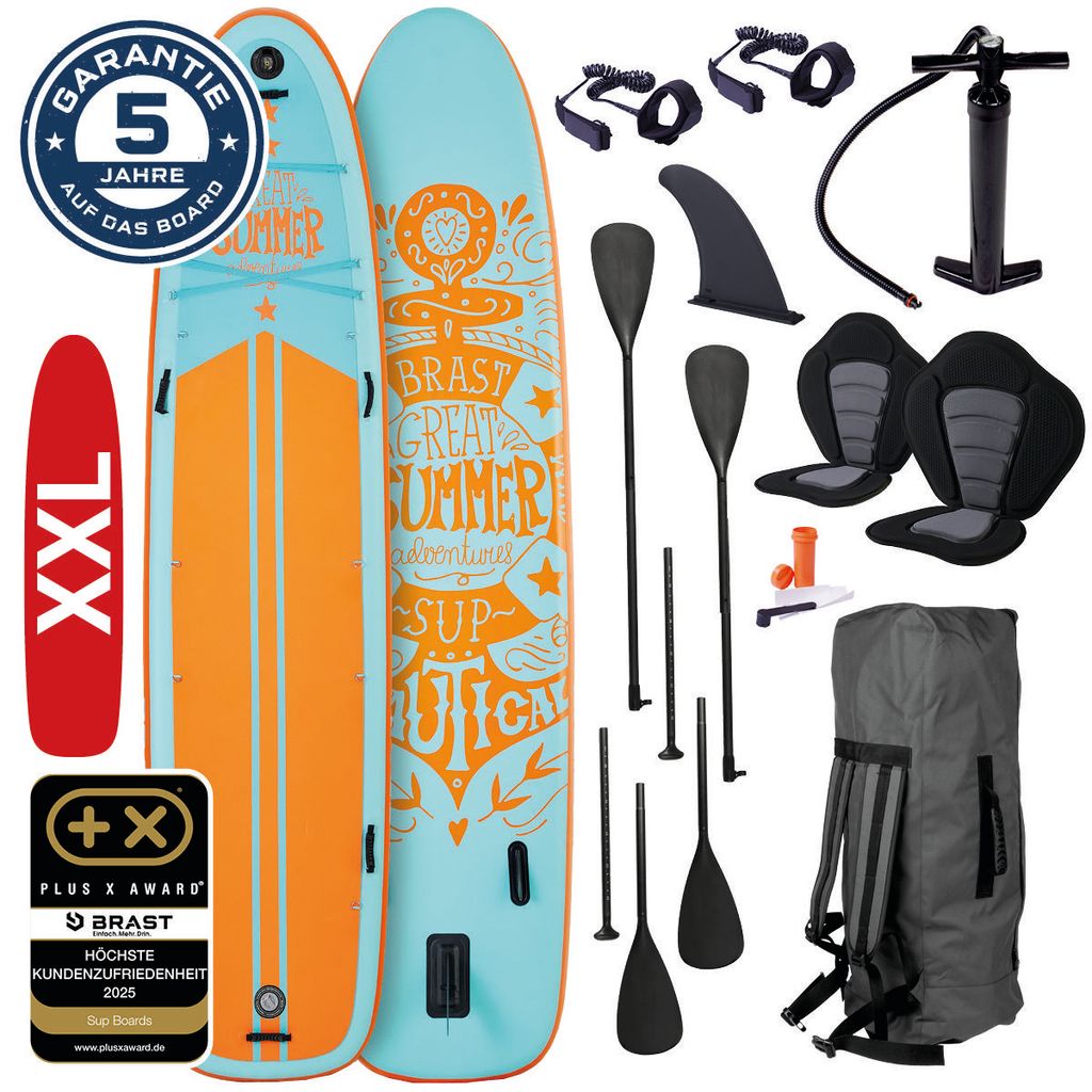 BRAST SUP Board Family | Aufblasbares Stand up Paddle Set XXL | 370x87x15cm bis 250kg | 7 Designs | inkl. Zubehör 2X Kajak-Sitz 2X Fußschlaufe 2X...