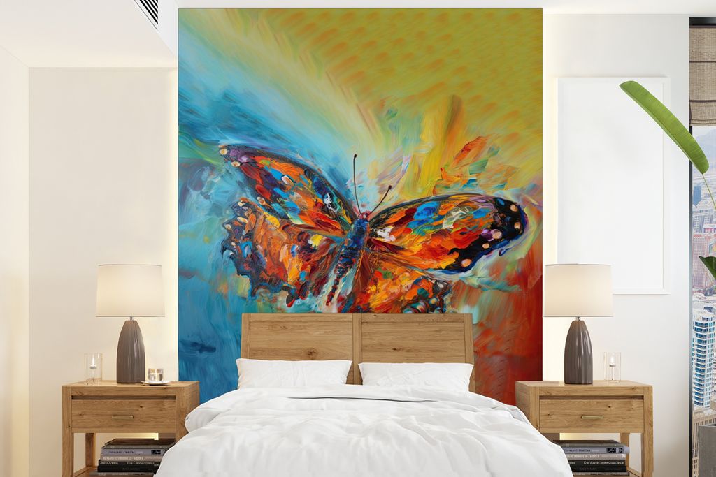 MuchoWow Fototapete für Wohnzimmer oder Schlafzimmer Wandtapete Vinyl Motivtapete Schmetterling - Farben - Kunst - Malerei - 165x220 cm - Wandde...