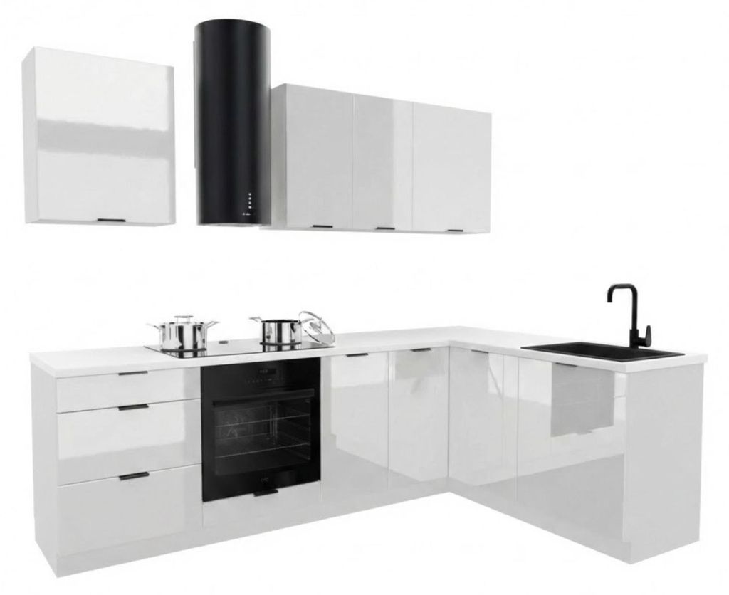 Küchenzeile - Küche L Form - 260x170 cm - Hochglanz weiß - MDF - mit weißer Arbeitsplatte - Soft-Close Funktion - DENIS