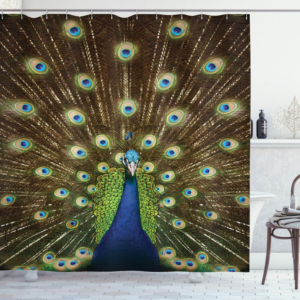 ABAKUHAUS Pfau Duschvorhang, Porträt Des Pfaus Mit Heraus verschiedenen Farben Vogel Sommer Garten Heraus, 175 x 180 cm, Grün braun Braun Blau