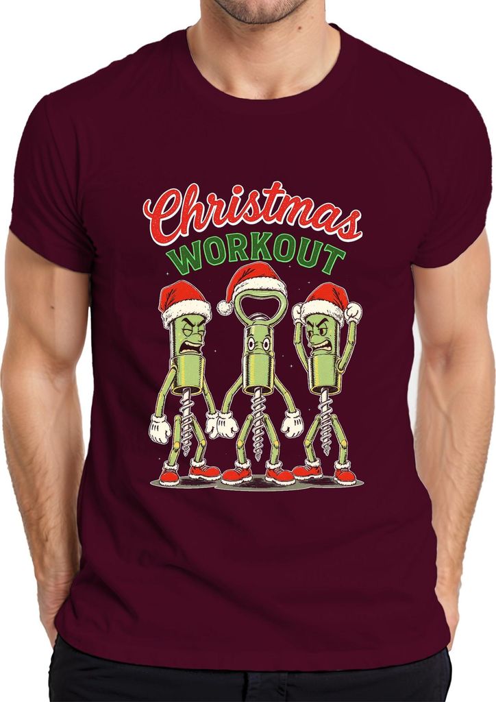 Christmas Workout Korkenzieher Flaschenöffner Wein Weihnachten Herren T-Shirt, Burgundy, L