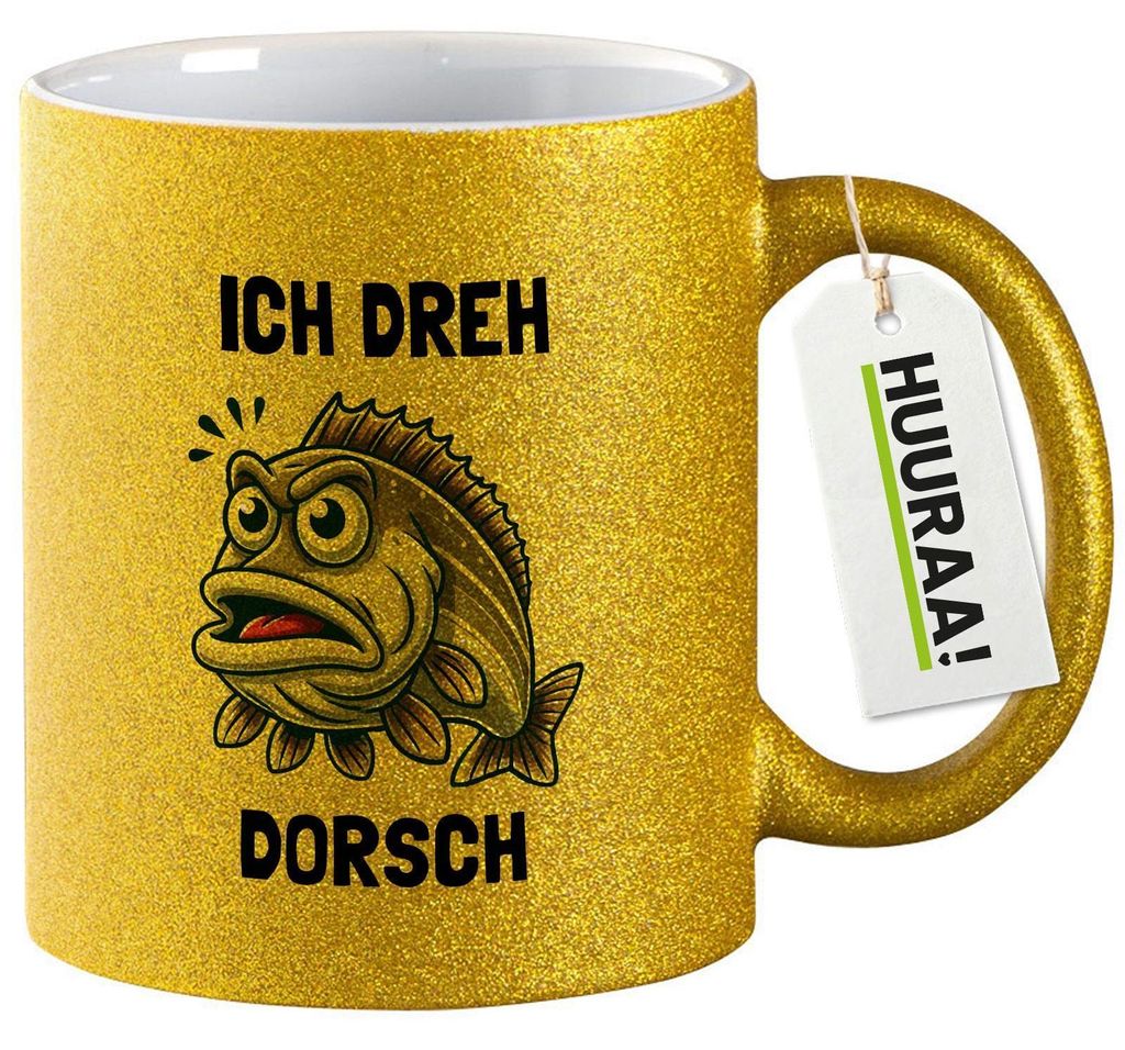 Huuraa Glitzertasse Ich dreh Dorsch Comic Meme 330ml Gold Keramik Kaffeebecher Geschenkidee