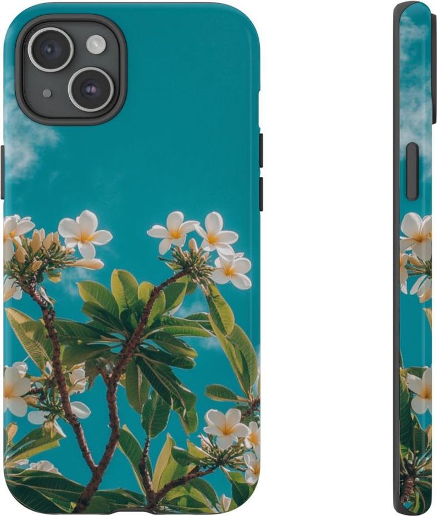 Weiße Frangipani-Blüten mit grünen Blättern – Hülle Kompatibel mit iPhone 15 Plus