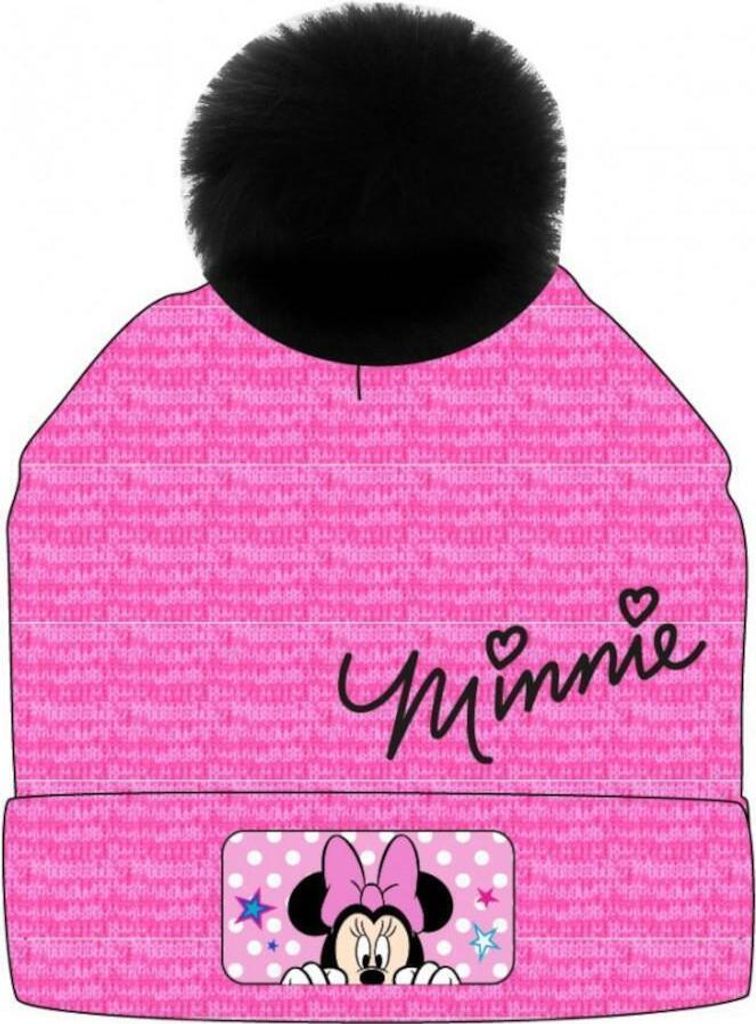 Minnie Mouse Strickmütze mit Bommel / Pompons, Bommelmütze, pink mit Schriftzug, 54