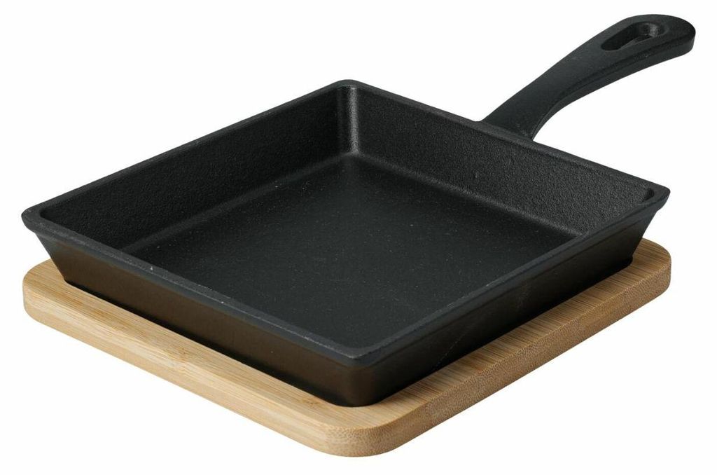 HowHomely | Servierpfanne - Tapas Schale - Tapas Pfanne - aus Gusseisen - 24 x 14 cm - Tapasgeschirr mit Bambusuntersetzer - Praktisch