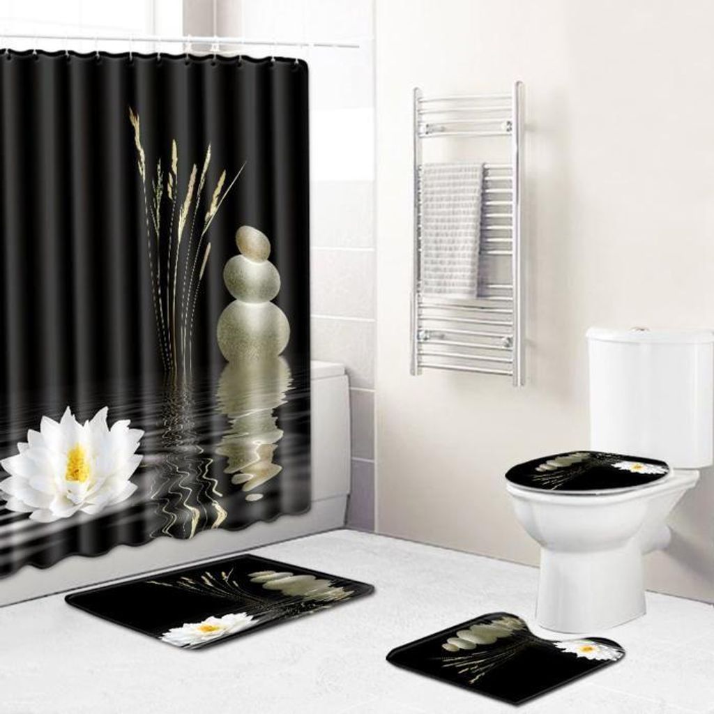 Set Zen-Duschvorhänge, 4-teilig, schwarz-weißes Lotusmuster, wasserdicht, 180x180 cm.