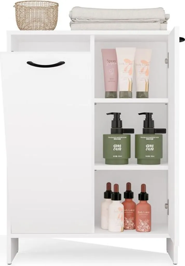 Mobile Colonna Bagno NINA 1K1D: 3 Ripiani e Cesto Bucato Bianco - 12
