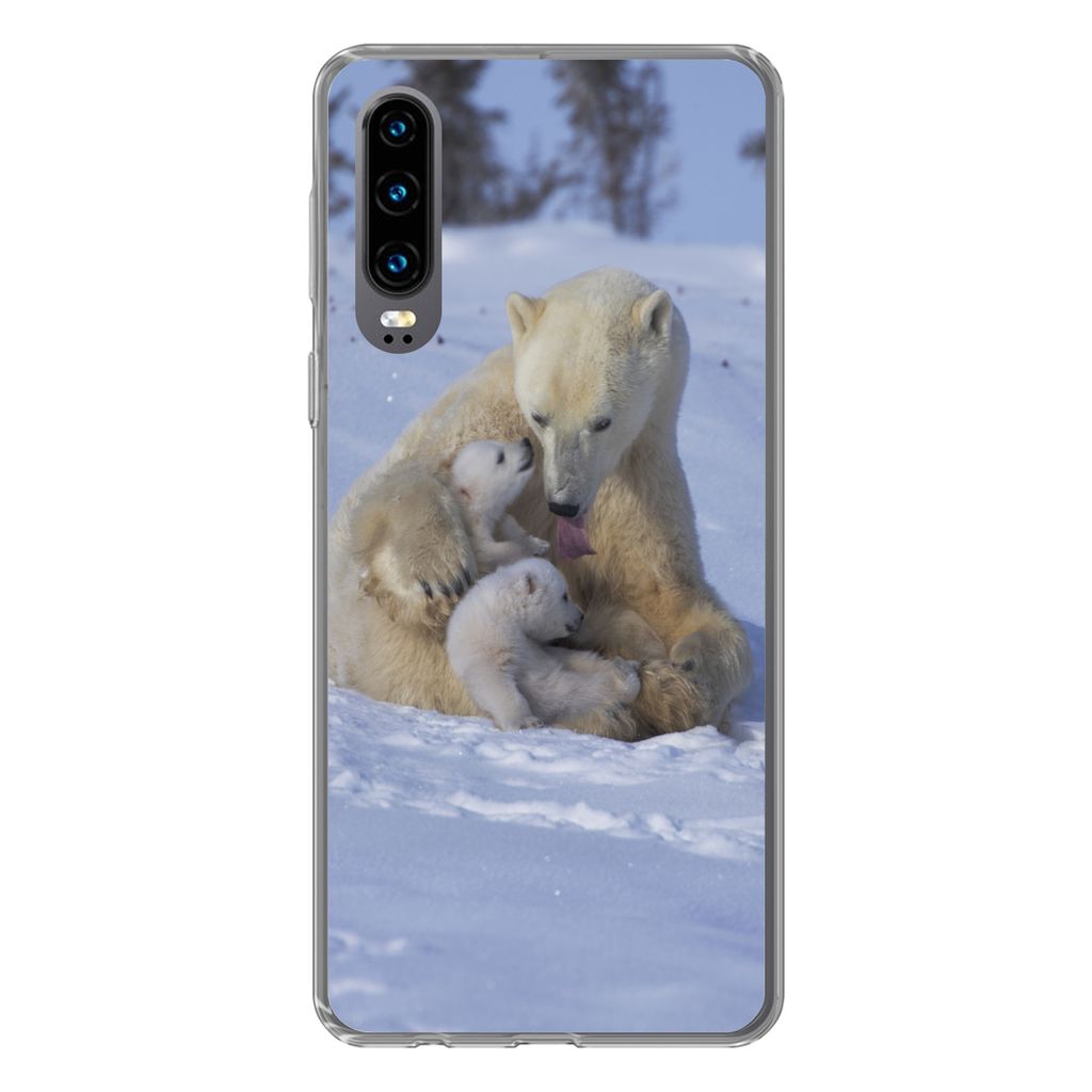 MuchoWow Handyhülle Schutzhülle Hülle für Huawei P30 Eisbären - Schnee - Weiß Silikon Softcase Handy Hülle - Kartenbesitzer