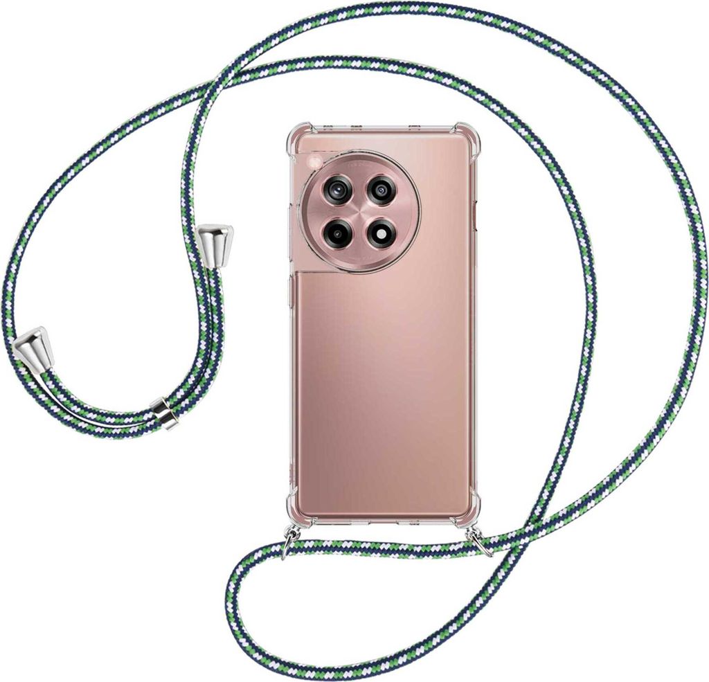 Handykette Backcover-Schutzhülle mit Band (Metall silberfarben) für OnePlus 12R / Ace 3 (6.78'') - grün/blau/weiß