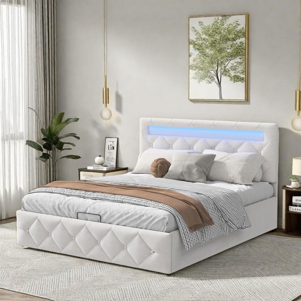 160 x 200 cm großes Stauraumbett in aprikosenfarbenem Samt mit mehrfarbigen LEDs, verstellbarem Kopfteil, EU-Stecker und hydraulischer Stauraumfun...