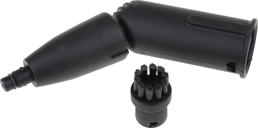 A set of black steam cleaning accessories, including a lance and a brush head, against a white background.