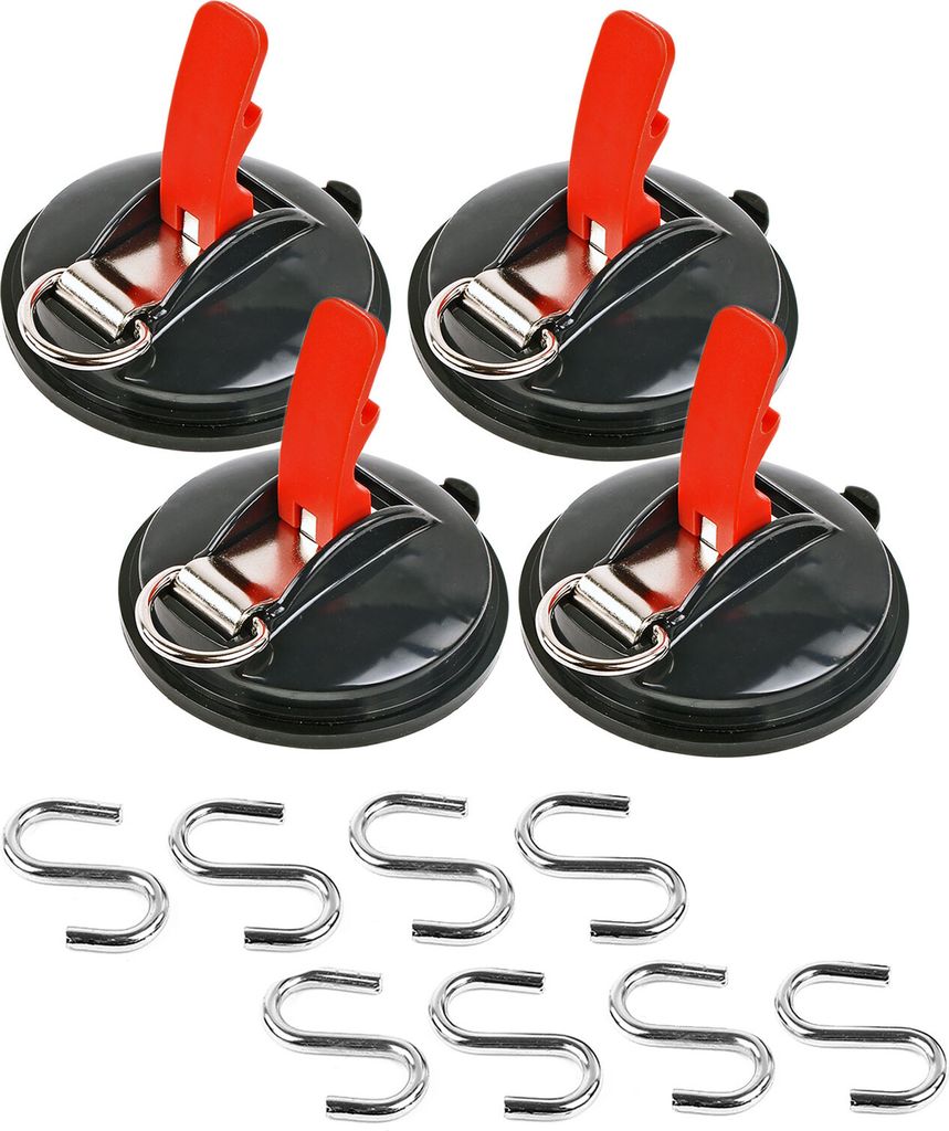 Saugnapf Befestigung max. 10 kg mit S Ring 4er Set Klappsauger für Vorzelte, Sonnensegel, Planen und Fahrzeugabdeckungen