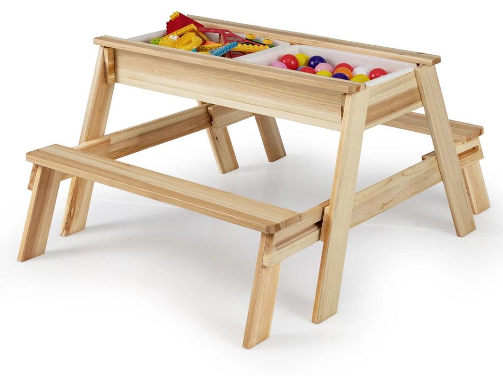 Kinder 2-in-1 Sitzgruppe - Outdoor-Picknicktisch - Holz - Abnehmbarer Deckel - 2 Sandkästen - Sand- und Wassertisch - Matschtisch