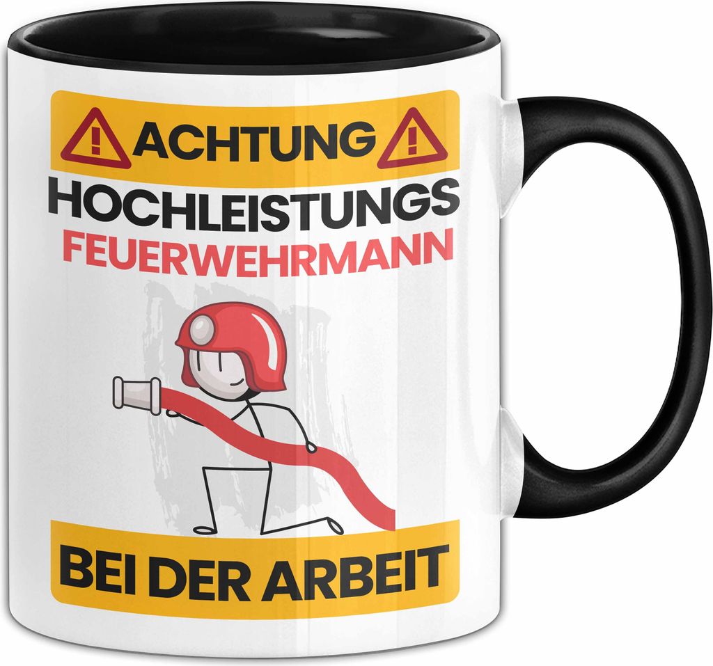 Feuerwehrmann Tasse Geschenk Lustiger Spruch Geschenkidee für Feuerwehrmann Achtung Hochleistungs Feuerwehrmann Bei Der Arbeit (Schwarz)