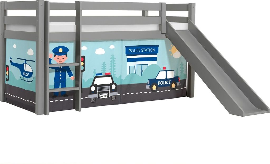 Halbhohes Bett Pino mit Rutsche und Textilset Polizei Kiefer Grau lackiert
