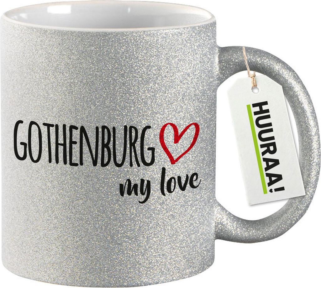 Huuraa Glitzertasse Gothenburg my love 330ml Silber Keramik Kaffeebecher Geschenkidee