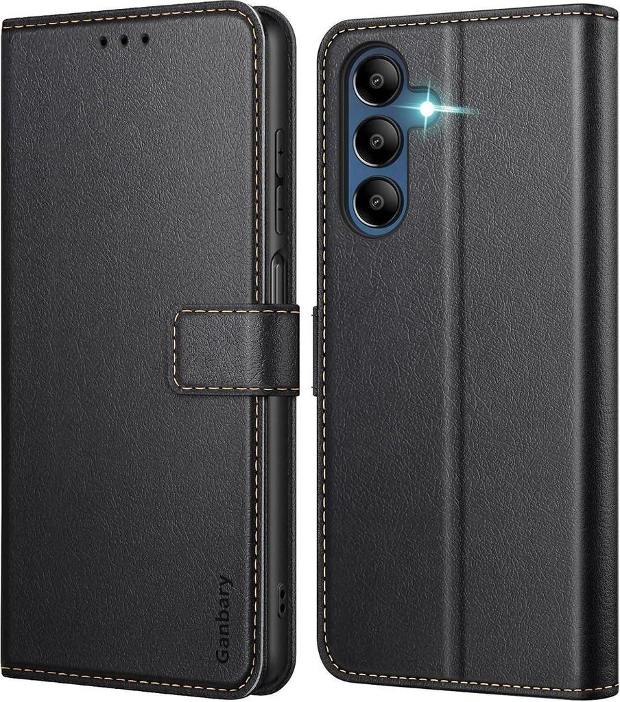 Samsung Galaxy A15 5G Schwarz Leder Klapphülle mit Produktbild 