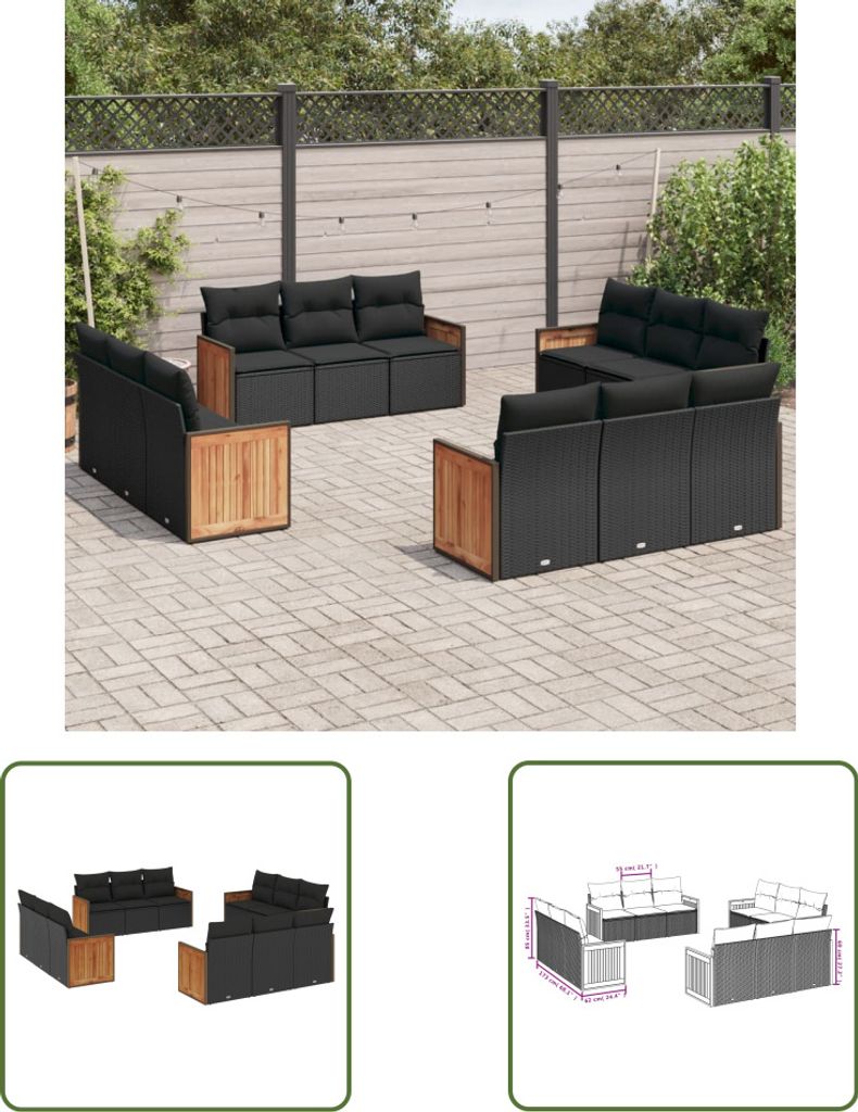 The Living Store 12-tlg. Garten-Sofagarnitur mit Kissen Schwarz Poly Rattan