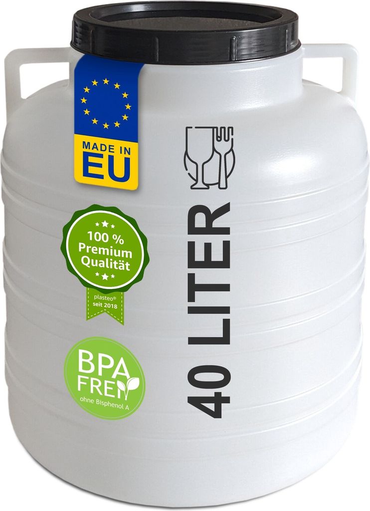 plasteo 40 Liter Weithalsfass rund mit Deckel und Griffen, Lebensmittelecht und BPA-Frei Gepäcktonne Sauerkrautfass Futtertonne Universalfass