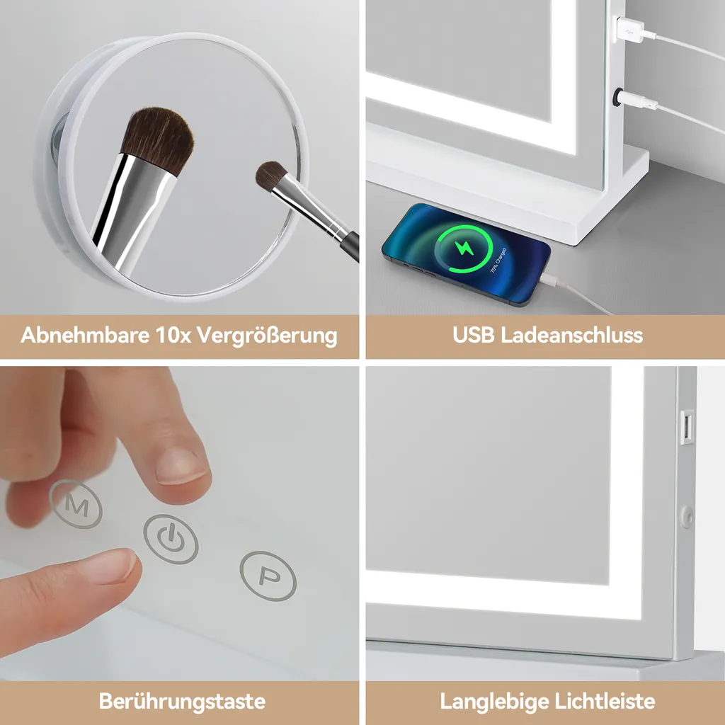Miroir de Maquillage LED 3 Couleurs d'Éclairage à Intensité Variable