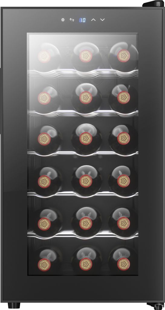 A wine cooler with multiple shelves filled with wine bottles, displayed inside a modern appliance.