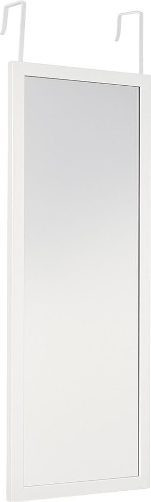 A white over-the-door mirror with hooks.