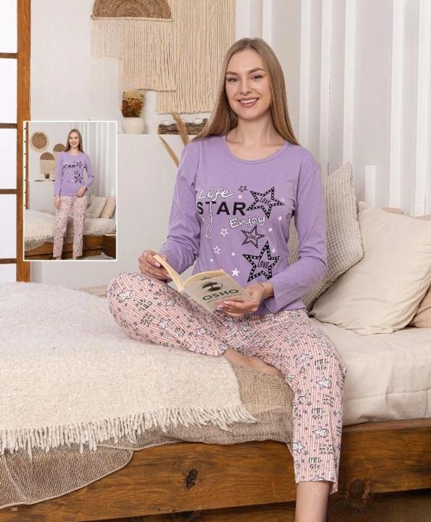 Damen Pyjama Schlafanzug Lila XL Lang 2-Teiler Set L-62 Produktbild 