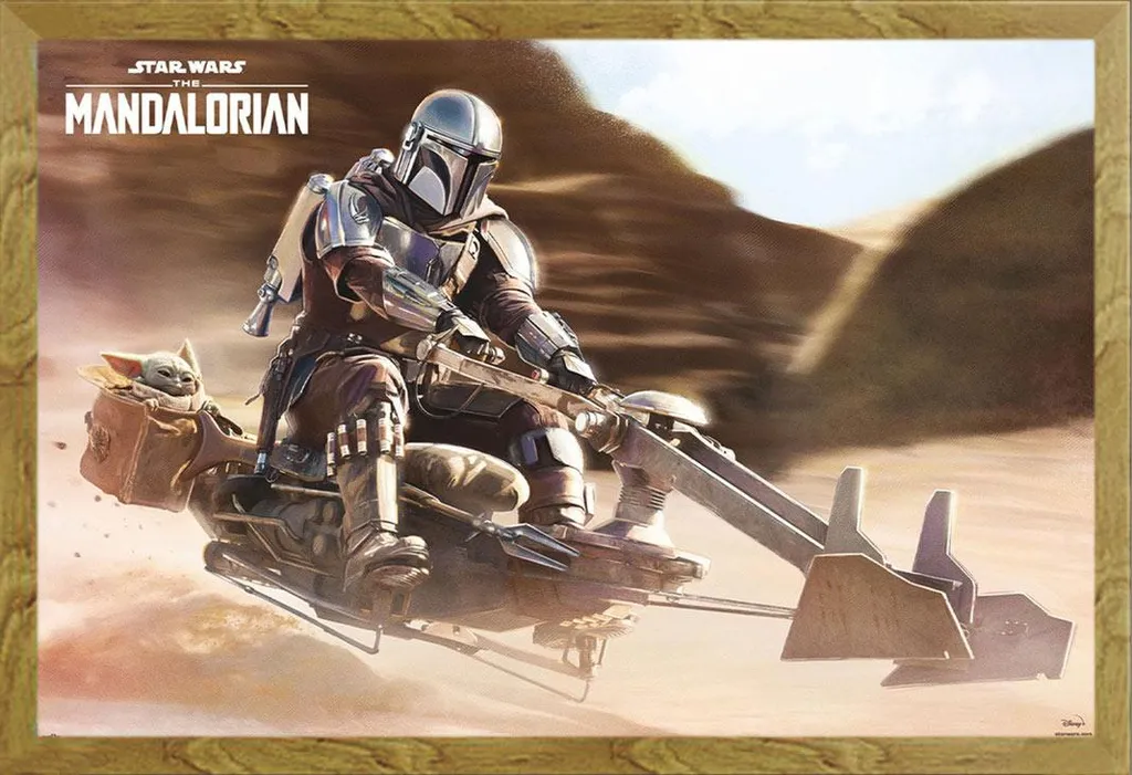 Star Wars - Poster - The Mandalorian - Speeder Bike + cornice rimovibile, Shinsuke® Maxi MDF oak, vetro acrilico