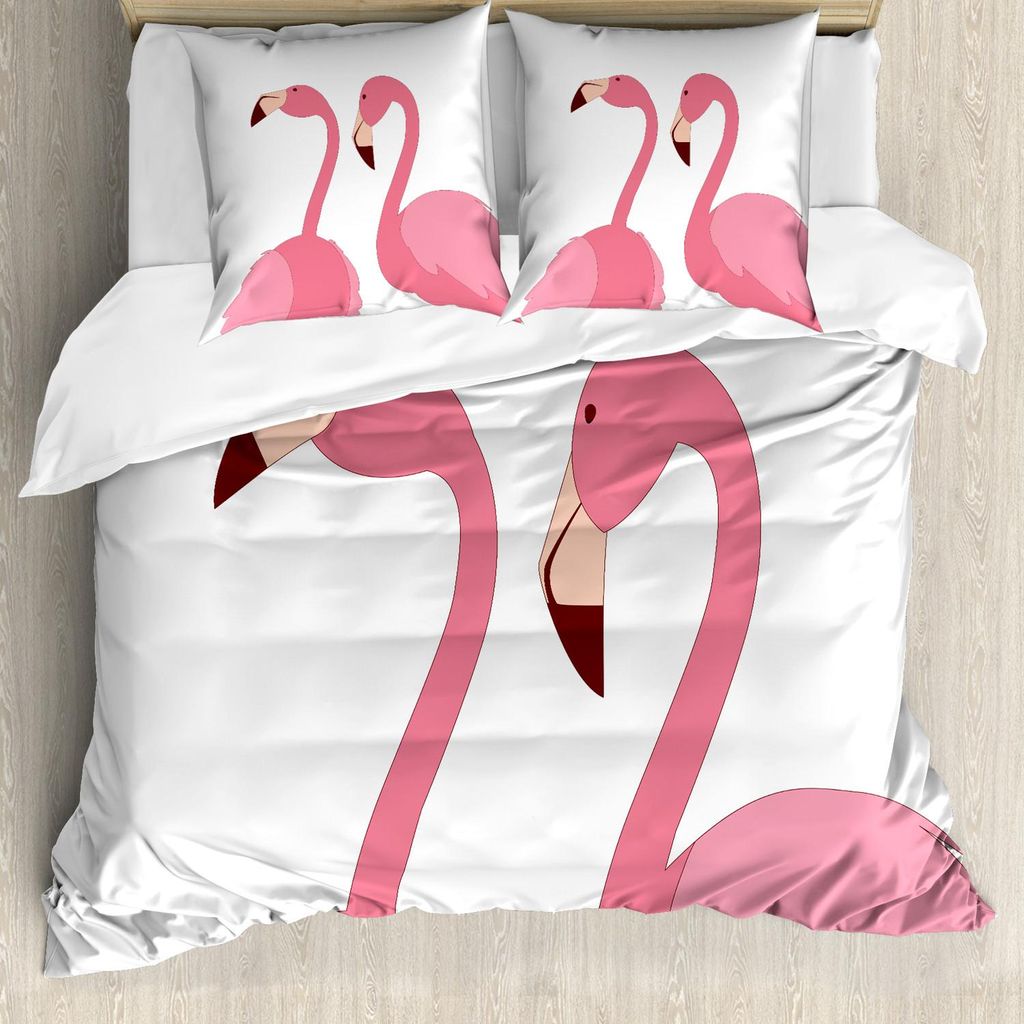ABAKUHAUS Flamingo Bettbezug Set, Exotisches rosa Vögel Tiere Paar auf Plain Hintergrund Muster, 200 x 200 cm + 80 x 80 cm, Pastel Pink Dunkel Fuc...