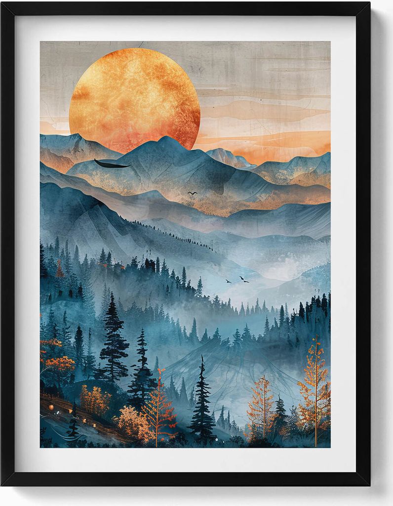 Abstrakte Sonnenlandschaft über Bergen und Wäldern– Wandbild mit Rahmen – Gerahmtes Bild – Wanddekoration – 60x80 cm – Schwarz Rahmen