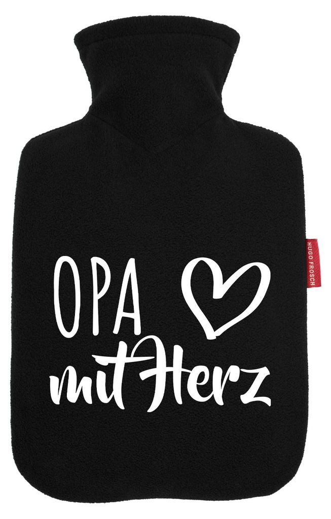 Huuraa Wärmflasche Opa mit Herz 1,8 Liter Black Classic Veloursbezug Bettflasche Geschenkidee