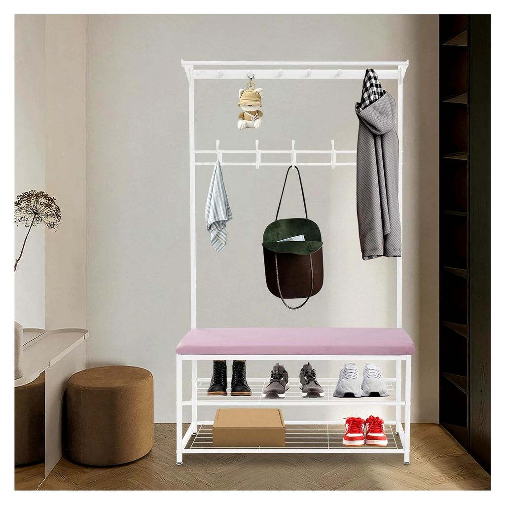 Garderobe mit Schuhregal und Schuhbank, schmale Flurgarderobe mit 11 Haken, offene Schuhaufbewahrung für den Eingangsbereich, Flur, bis 100kg, 100...