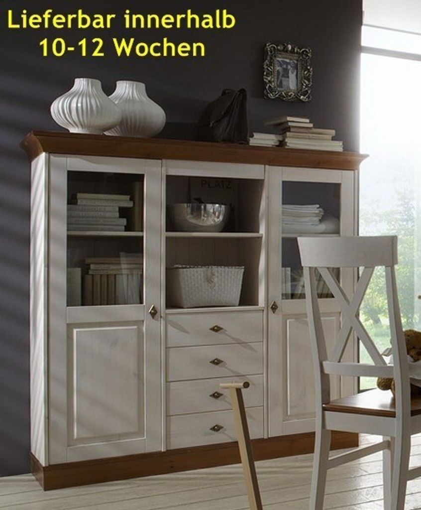 Highboard Vertiko Vitrine 2-türig Landhausstil Kiefer massiv, Farbe:Weiß