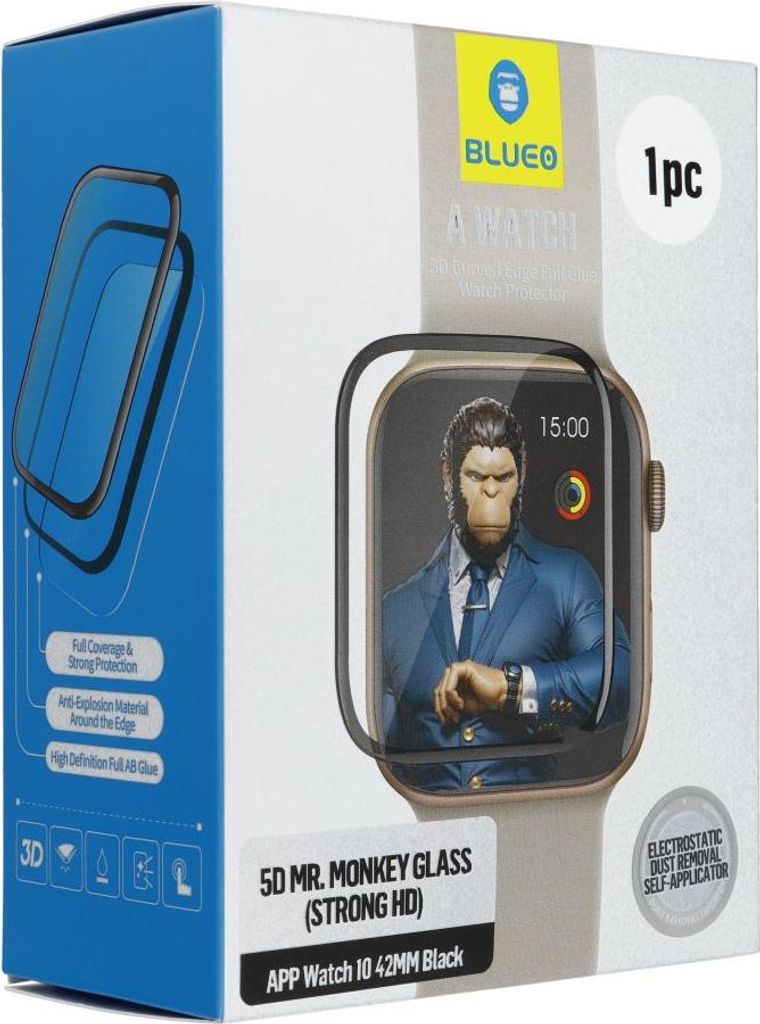 Mr. Monkey Glass 5D gehärtetes Glas - passend für Apple Watch 10/11 42MM schwarz (Anti-Static Strong HD)