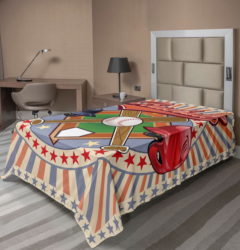 ABAKUHAUS Baseball Bettlaken, Retro Pop Art Baseball Logo Mit Gestreiften Einstellung Bat Und Ball Game Druck, weiches bequemes oberes Bettlaken f...