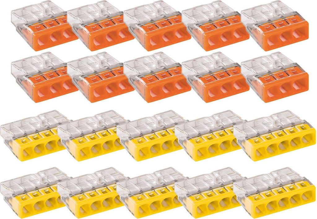WAGO 2273 Klemmen 3 polig und 5 polig zu je 0,5-2,5mm² Verbindungsklemmen, Kunststoff gelb-orange, 20-teilig