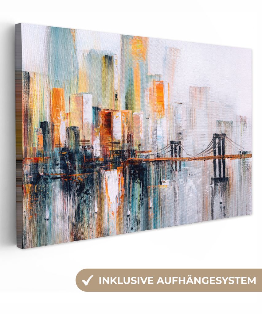 MuchoWow - Leinwandbilder - Ölgemälde - Skyline - Abstrakt, Wandbild, Wanddeko Bilder Wohnzimmer, 90x60 cm