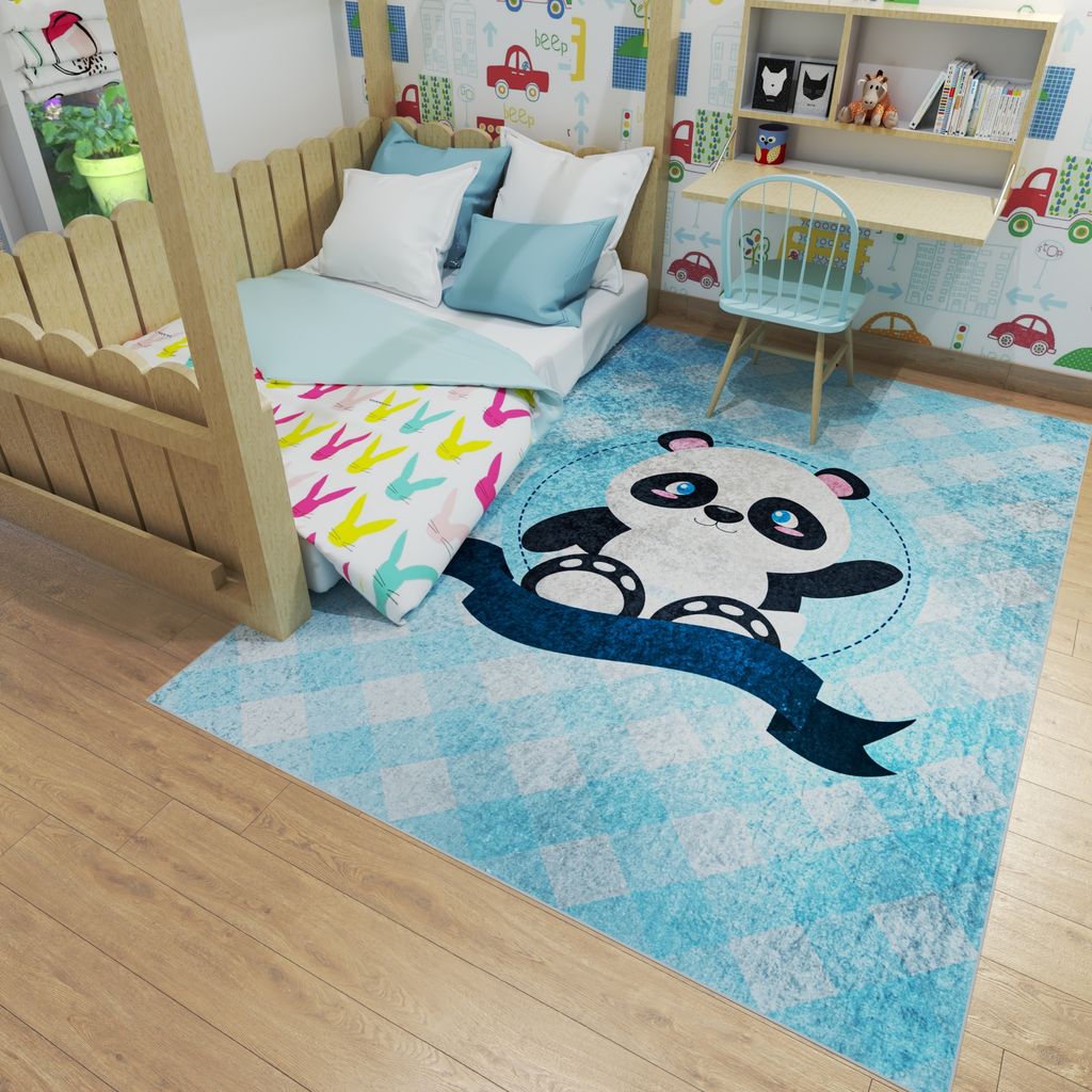 Kinderteppich Mazovia - Bär - Blue Teppich für Kinderzimmer - Kurzflor, Maschinenwaschbar- 140x200 cm