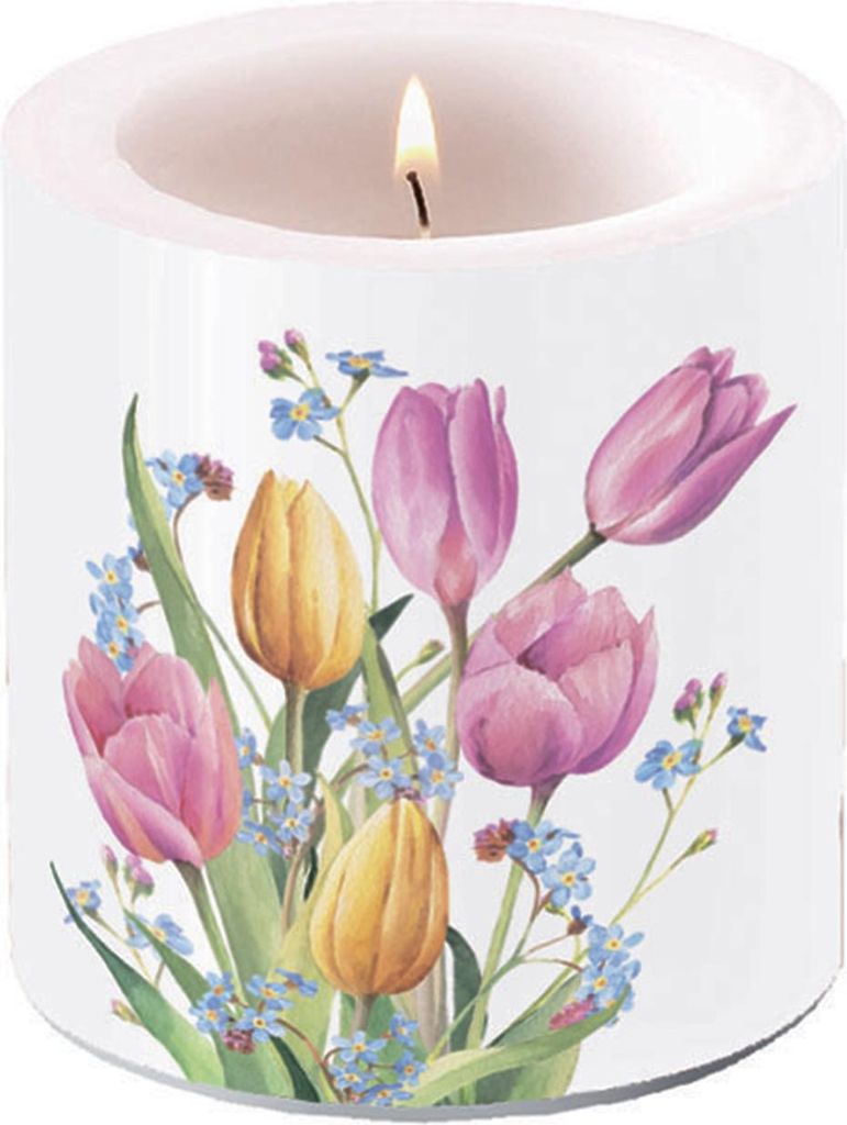 Stumpenkerze Paraffin 7,5x9cm mit Tulpen & Vergissmeinnicht Motiv Weiß / Bunt